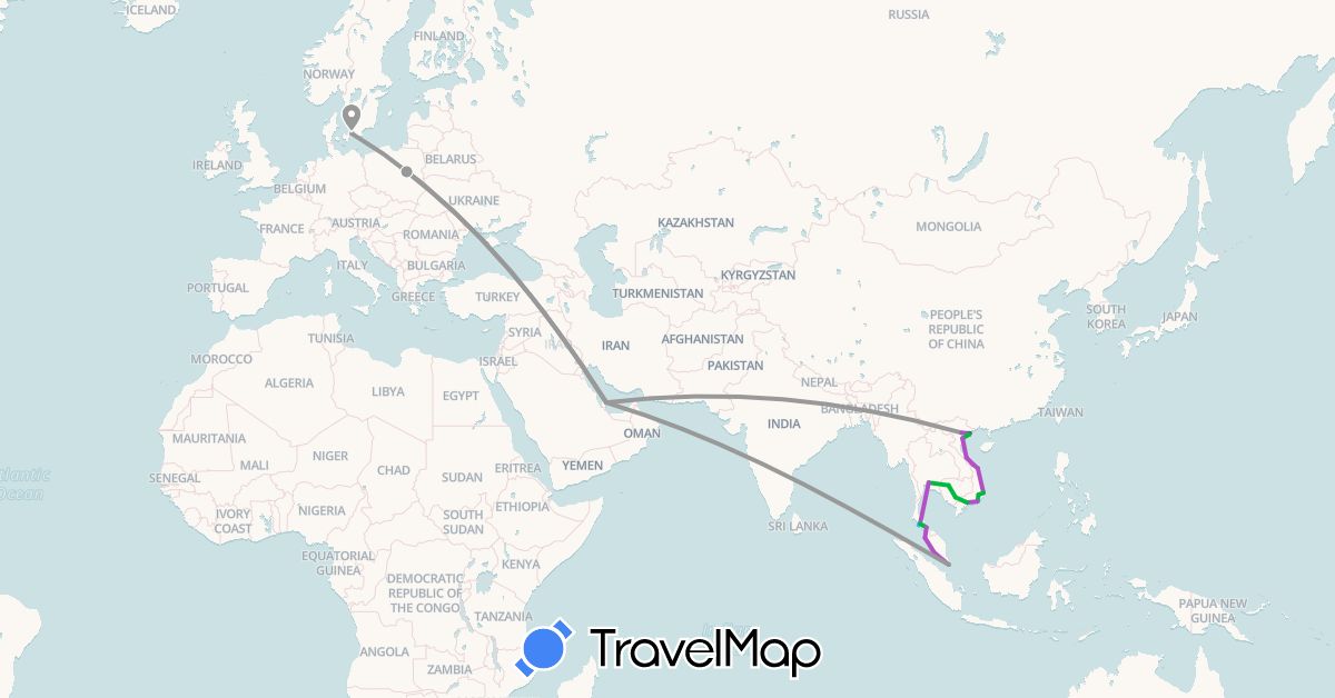 TravelMap itinerary: driving, bus, plane, train, boat, motorbike in Denmark, Cambodia, Malaysia, Poland, Qatar, Singapore, Thailand, Vietnam (Asia, Europe)